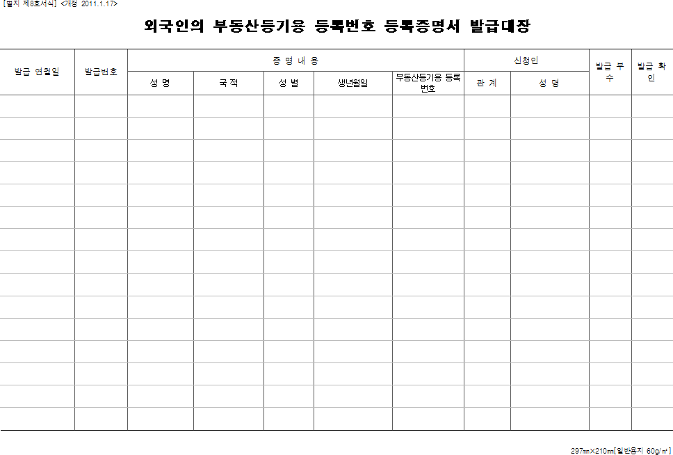 외국인의 부동산등기용 등록번호 등록증명서 발급대장